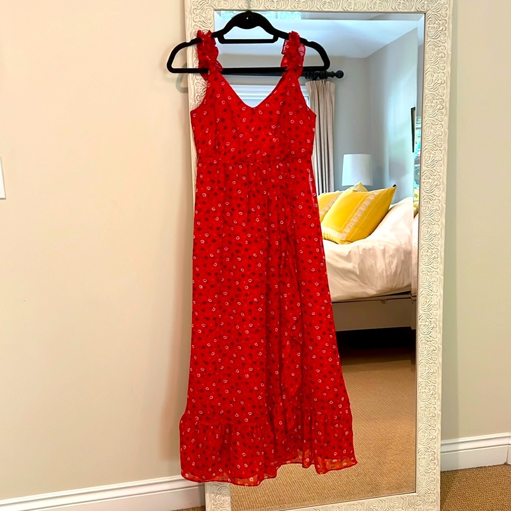 Madewell Red Floral Ruffle Strap Wrap Dress